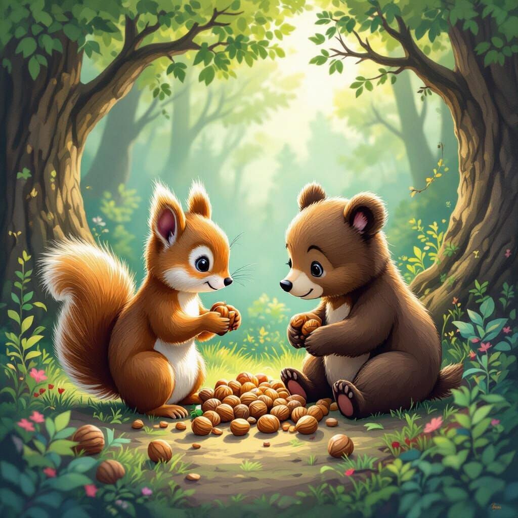 Squirrel and Bear Cub Friends in Enchanted Forest
