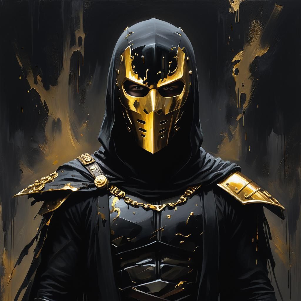Ninja in Shadows with Golden Accents as Impasto Painting