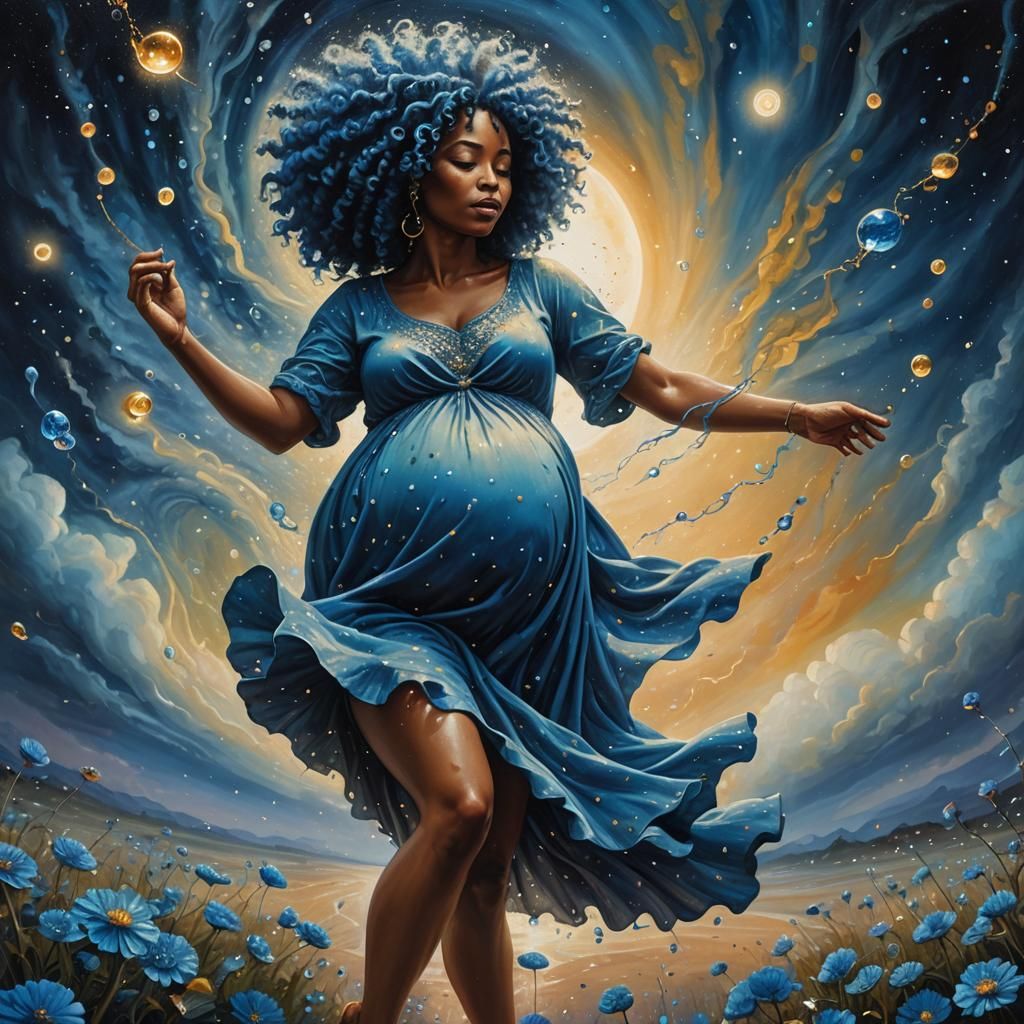 Surrealist Pregnant Woman Dancing Under Galaxy Sky
