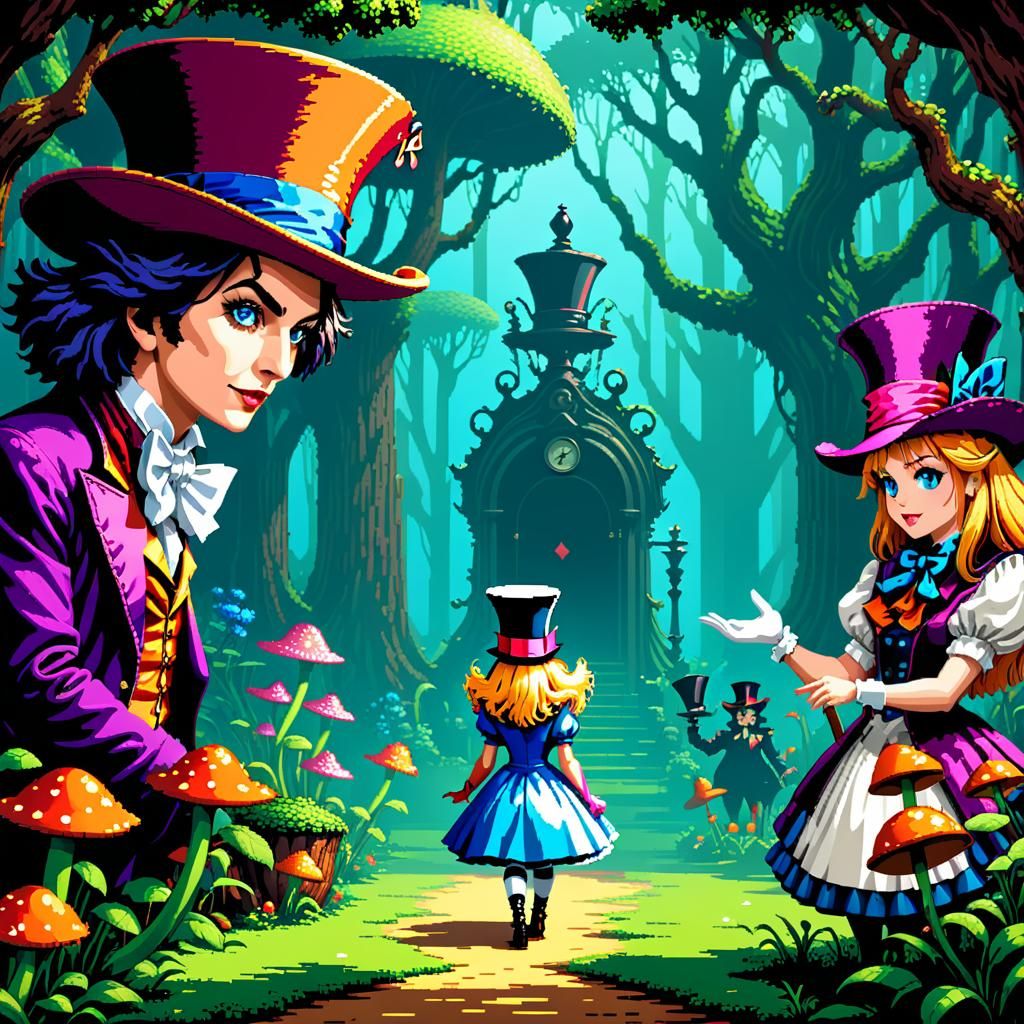 8-bit Alice Meets the Mad Hatter in Pixel Art