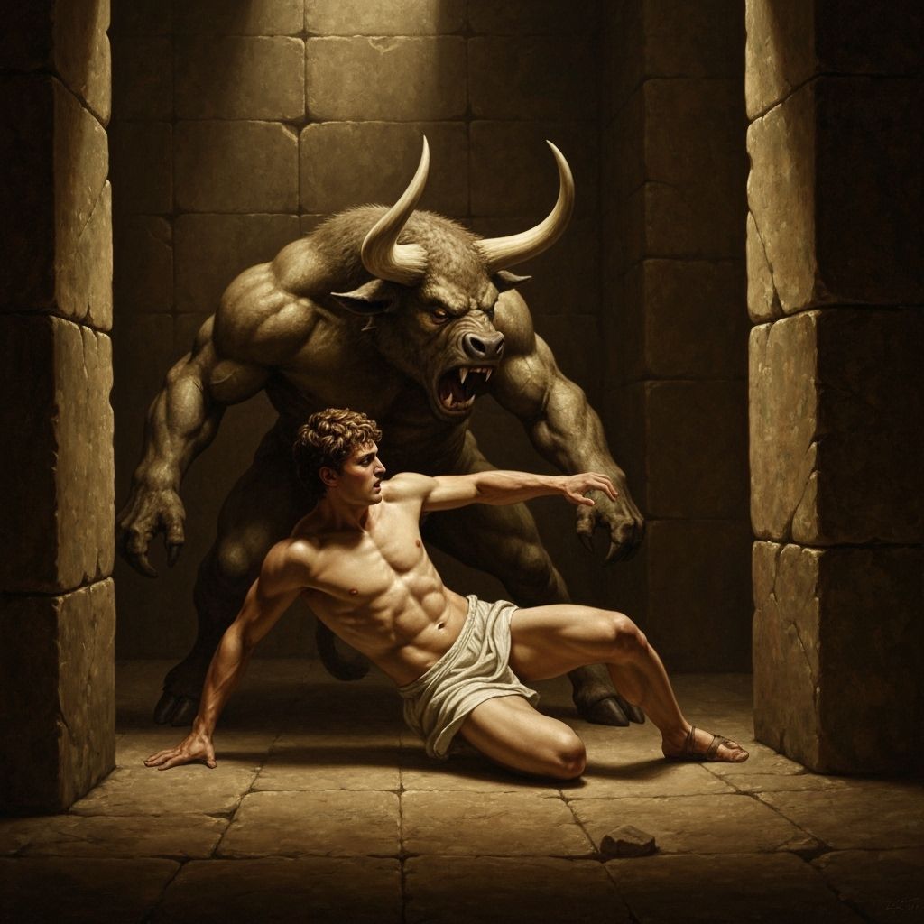 Theseus Battles Minotaur in Labyrinth, Chiaroscuro Oil Paint...