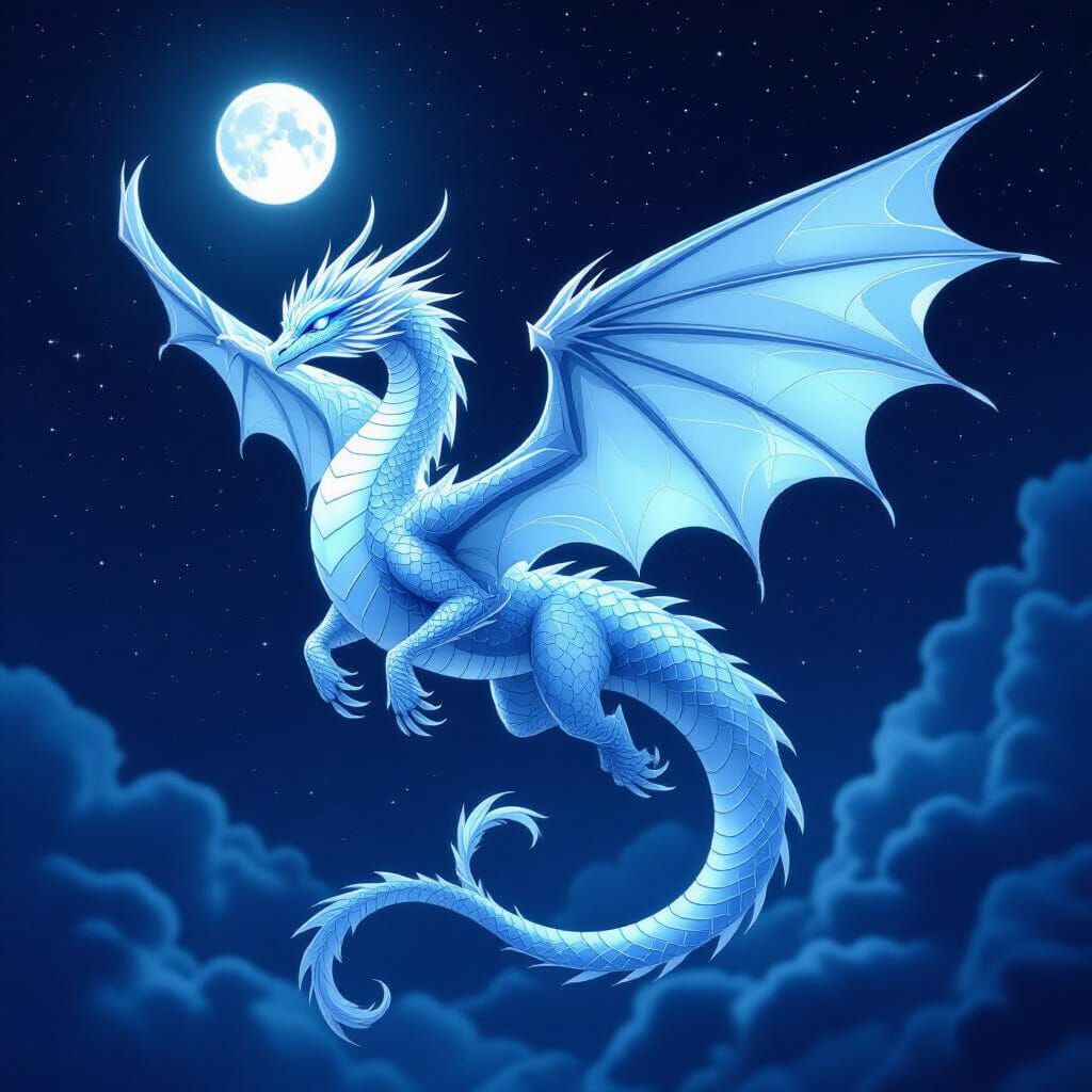 Crystalline Ice Dragon Soaring Through Starry Night