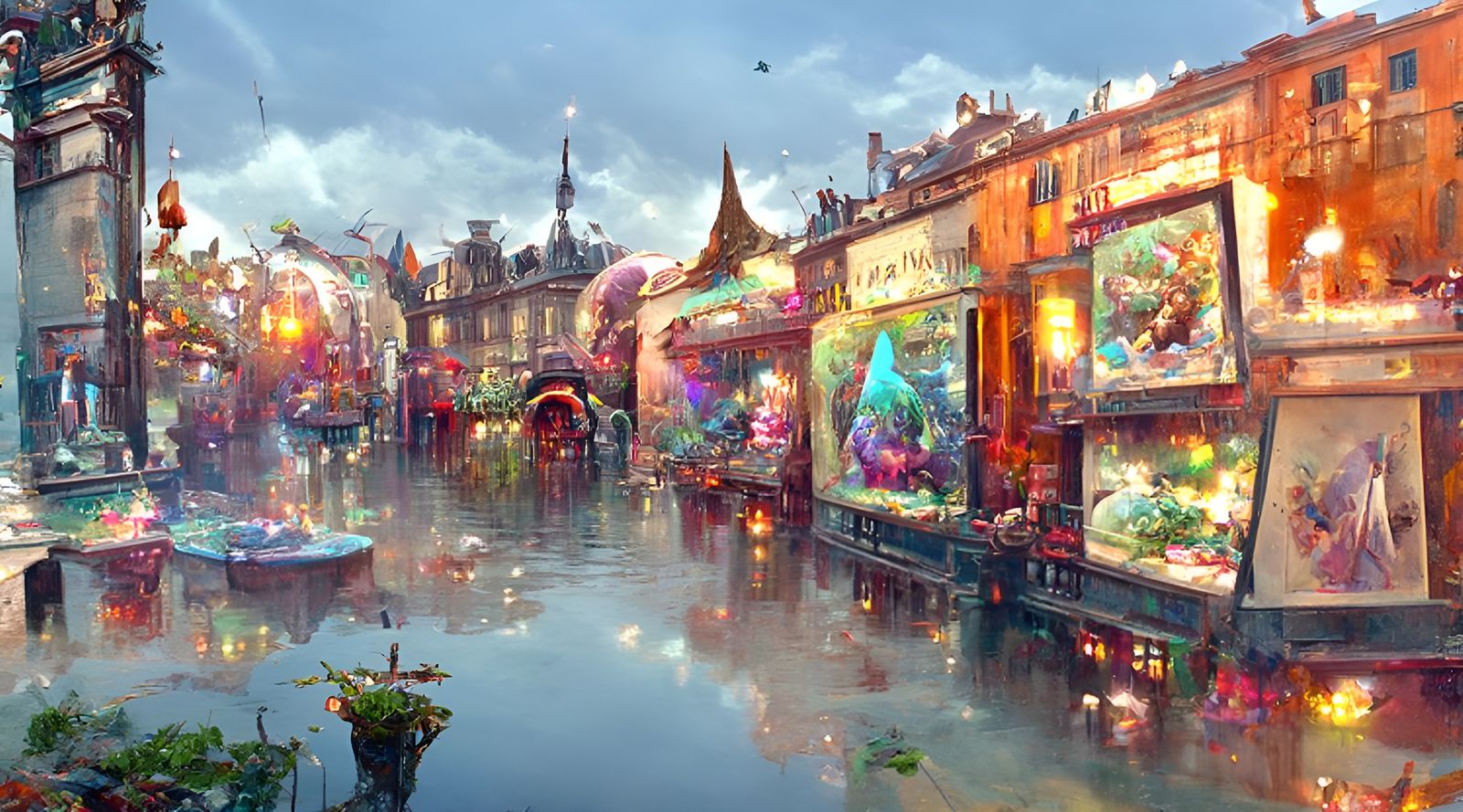 Flooded Parisian Market District in Studio Ghibli Style