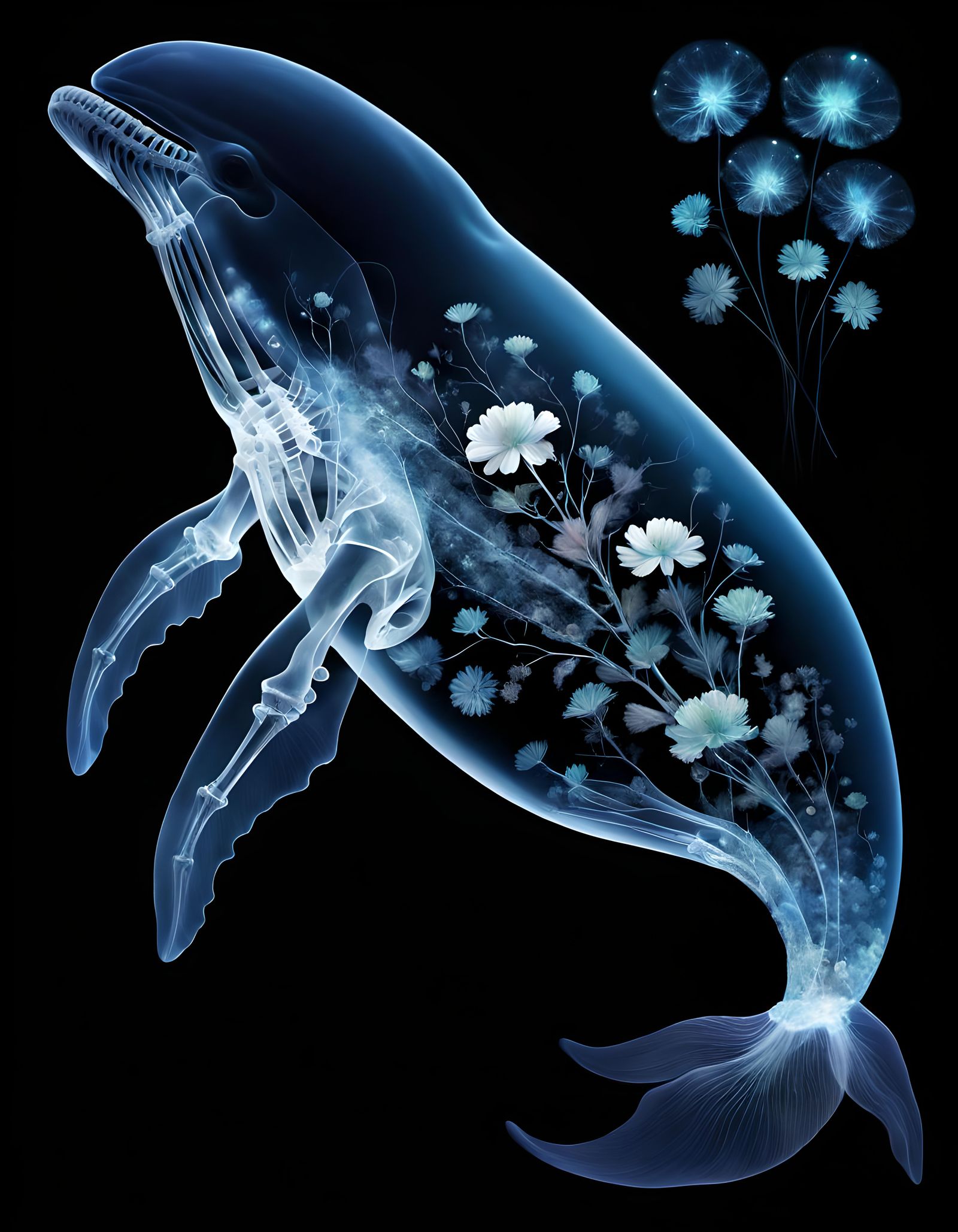 Surreal Whale Skeleton with Fractal Flowers