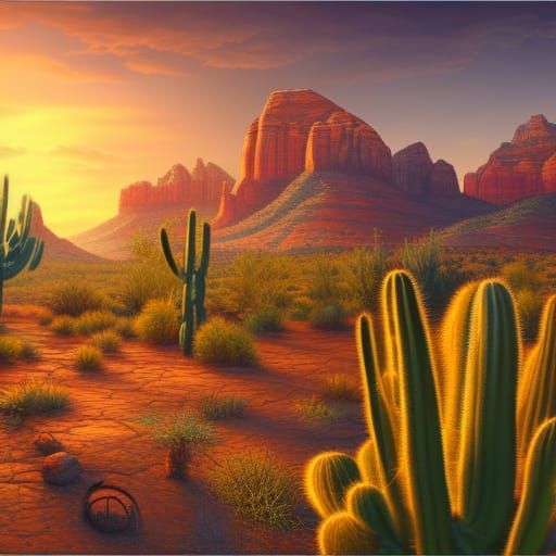 Sunset Over Sedona Desert Cactus, Detailed Matte Painting