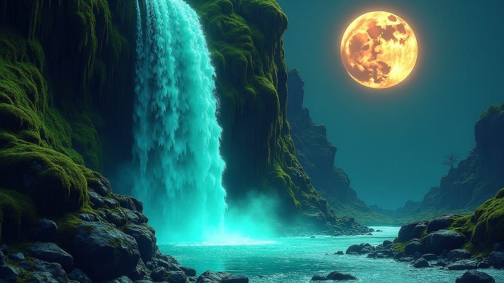 Iridescent Waterfall Under Golden Moon: Surreal Biomechanica...