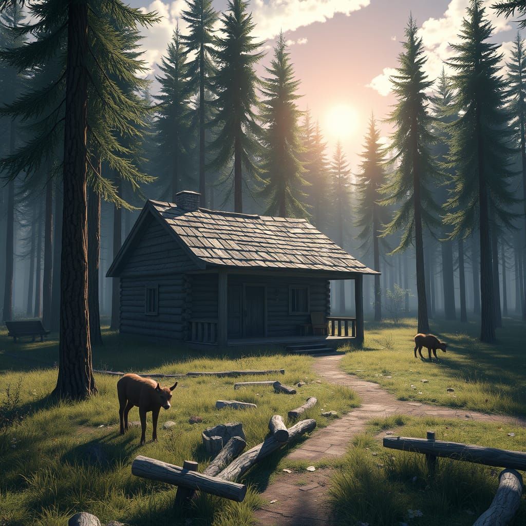 Abandoned Cabin in Serene 3D Anime Art Style