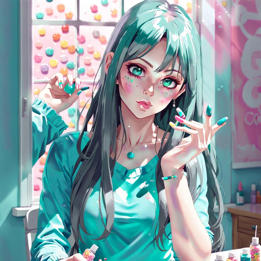 Anime Trans Woman Painting Nails with Candy Paint