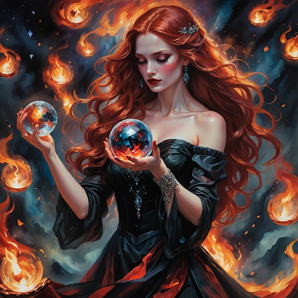 Mystical Goddess with Crystal Ball in Vibrant Oil Painting