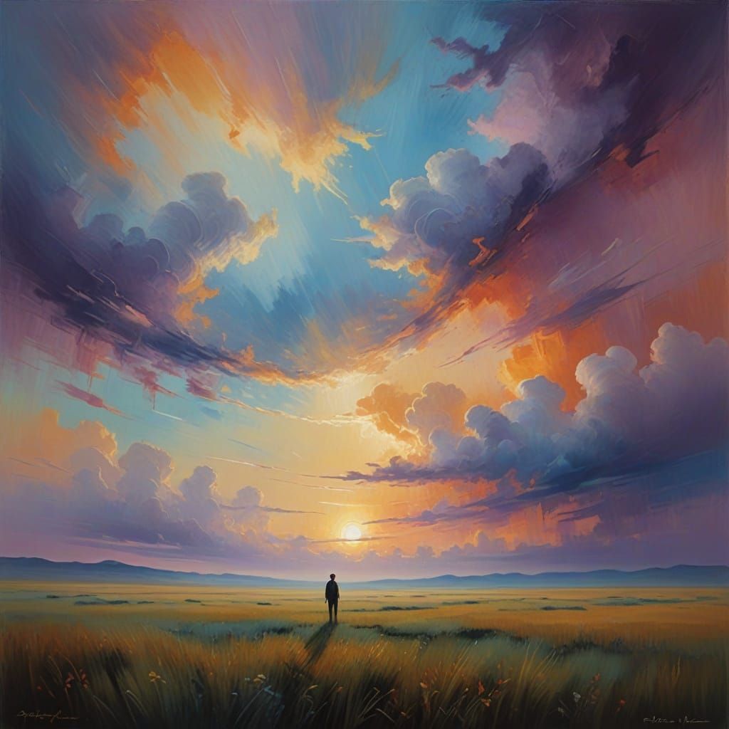 Surrealist Dreamer in Vibrant, Ethereal Landscape