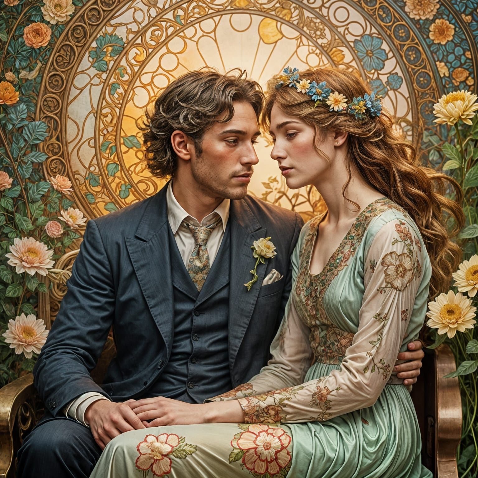 Surreal Floral Art Nouveau Portrait of a Couple
