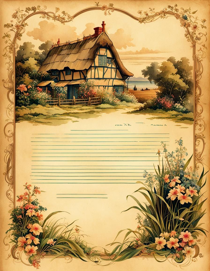 Vintage Seaside Cottage Letterhead in Watercolor Style