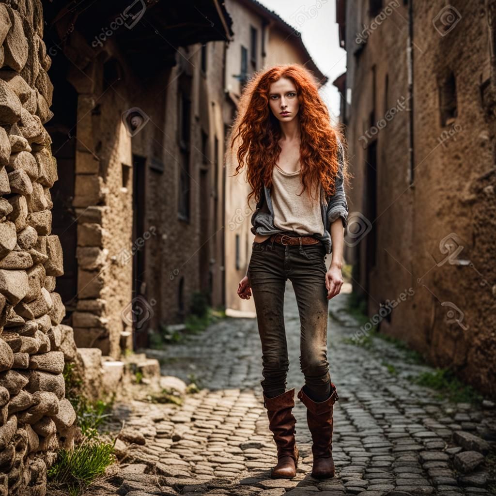 Medieval Waif in Poverty Walking on Cobblestones