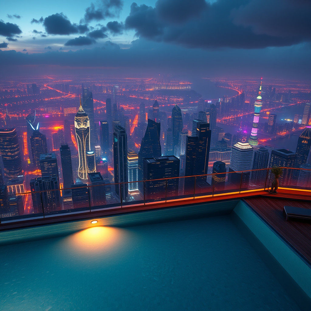 Rooftop Infinity Pool Reflects Neon Cityscape
