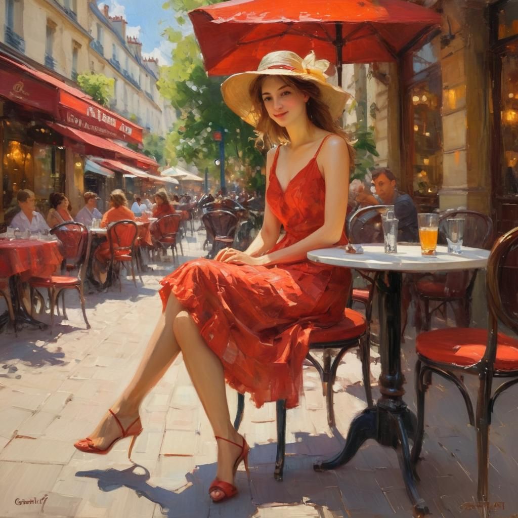 Woman at Paris Cafe in Impressionist Style