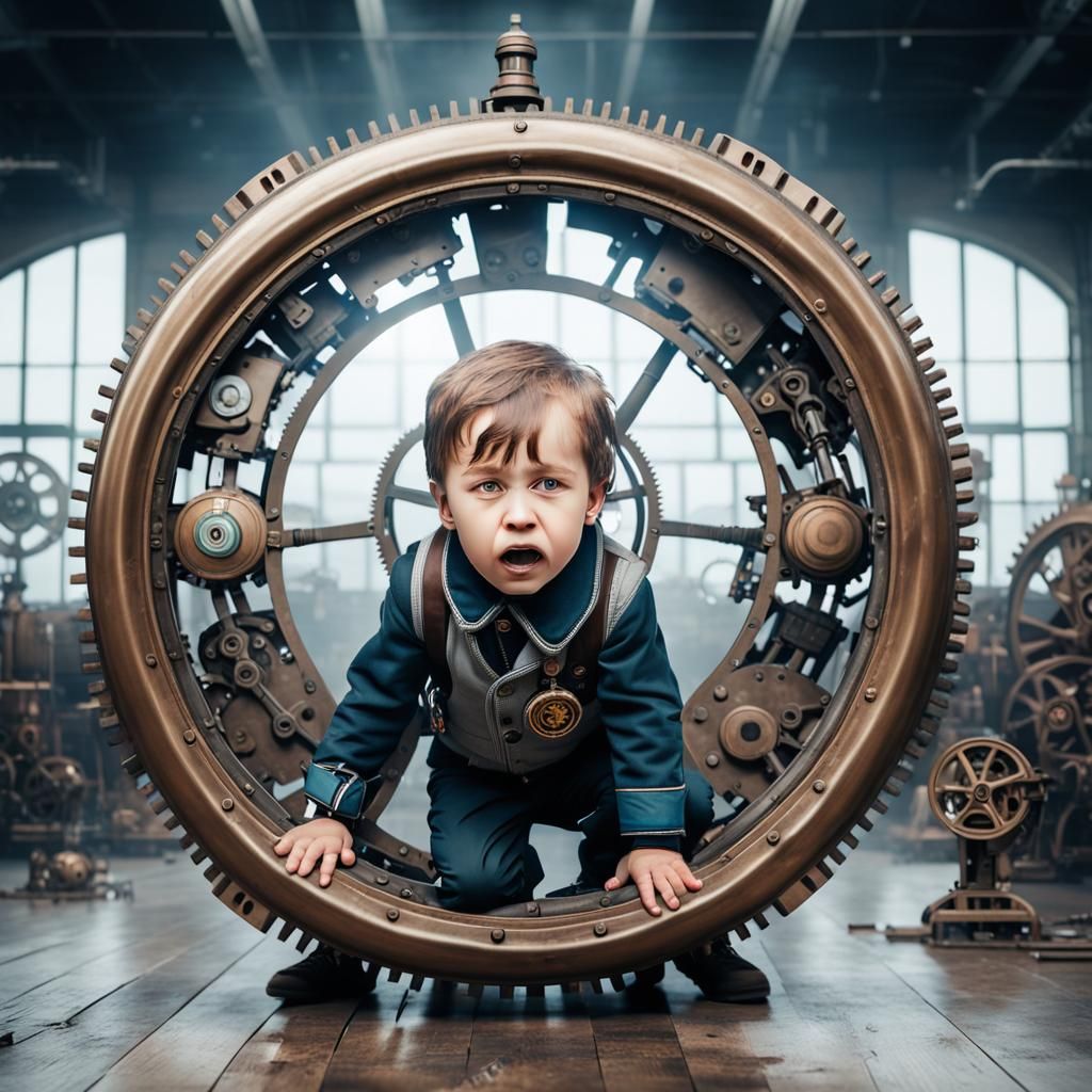 Children Playing in Steampunk Circle with Crying Child