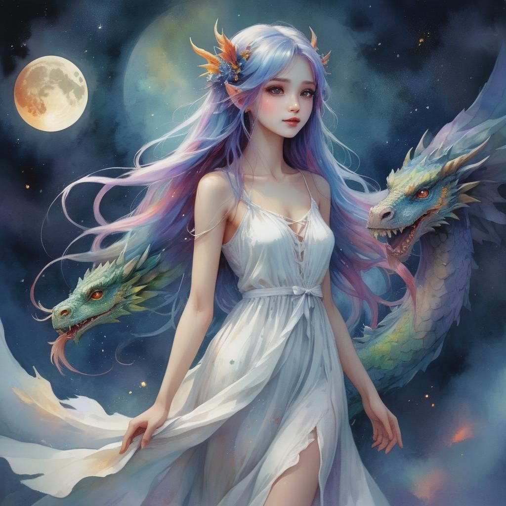 Fairy Girl with Dragon in Moonlit Night Sky