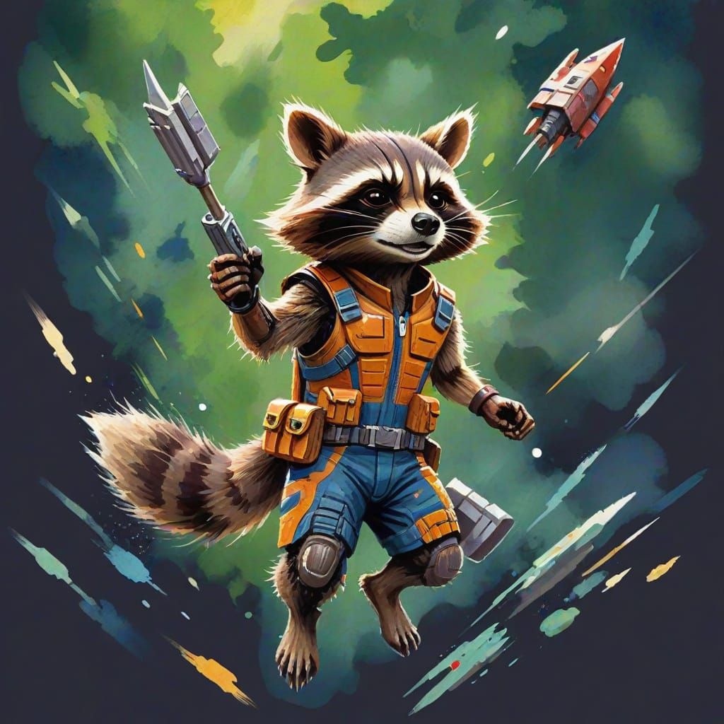 Rocket Raccoon in Gouache Watercolor Style