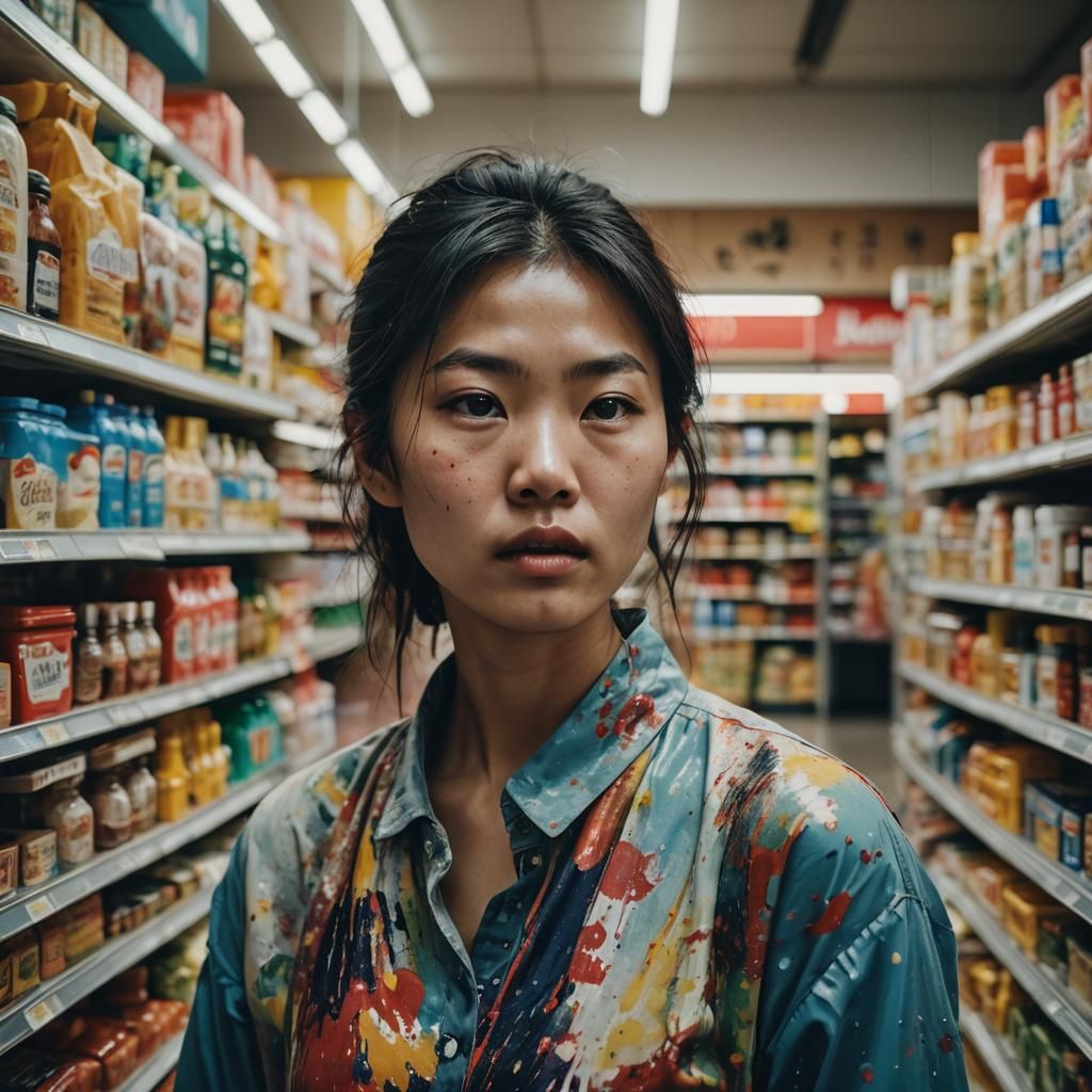 Asian Woman in Supermarket: Hyperrealistic Splash Art