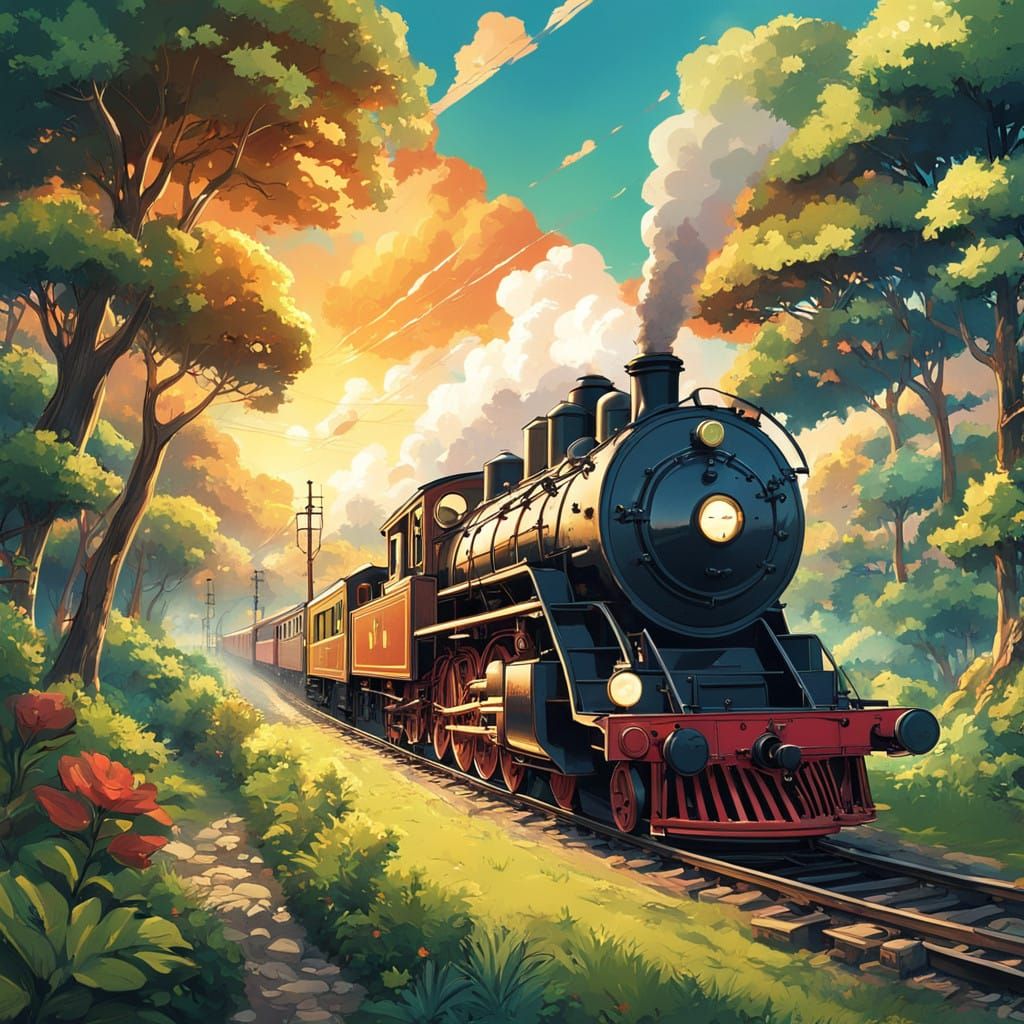 Nostalgic 19th Century Train Ride in Vibrant Manga Style