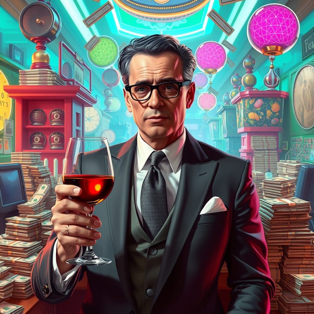 Suited Man Surrounded by Money in Cyberpunk Style
