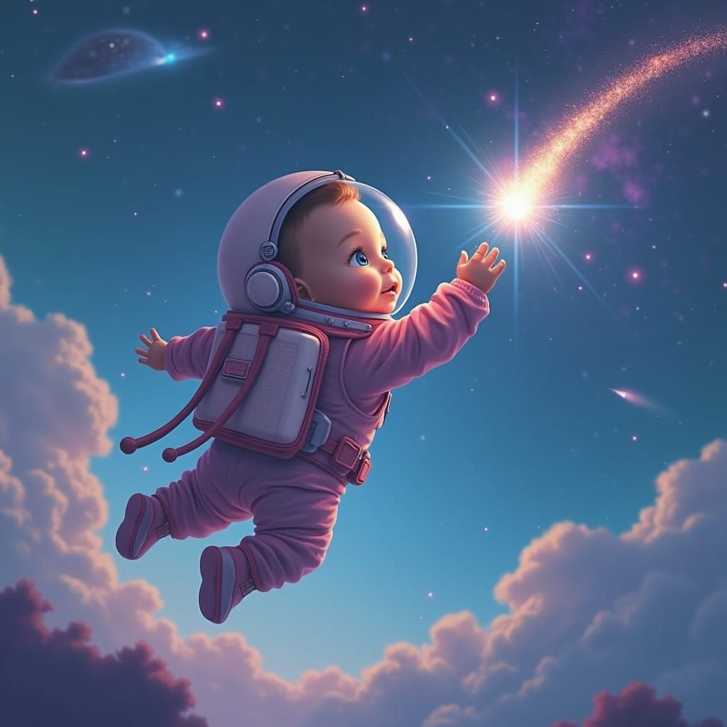 A Baby Astronaut Catches a Shooting Star in a Vibrant Galaxy