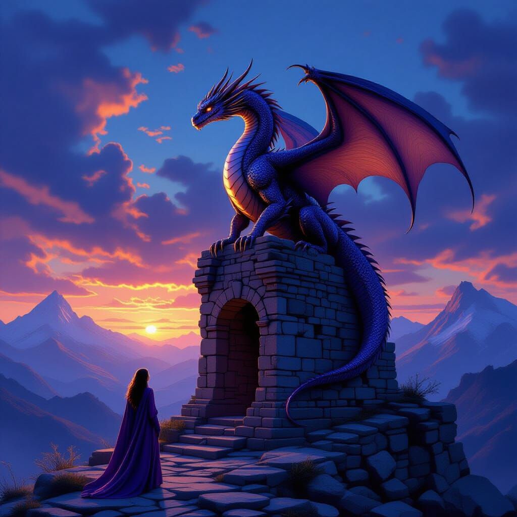 Majestic Dragon Over Ancient Ruins, Hyperrealistic Digital A...