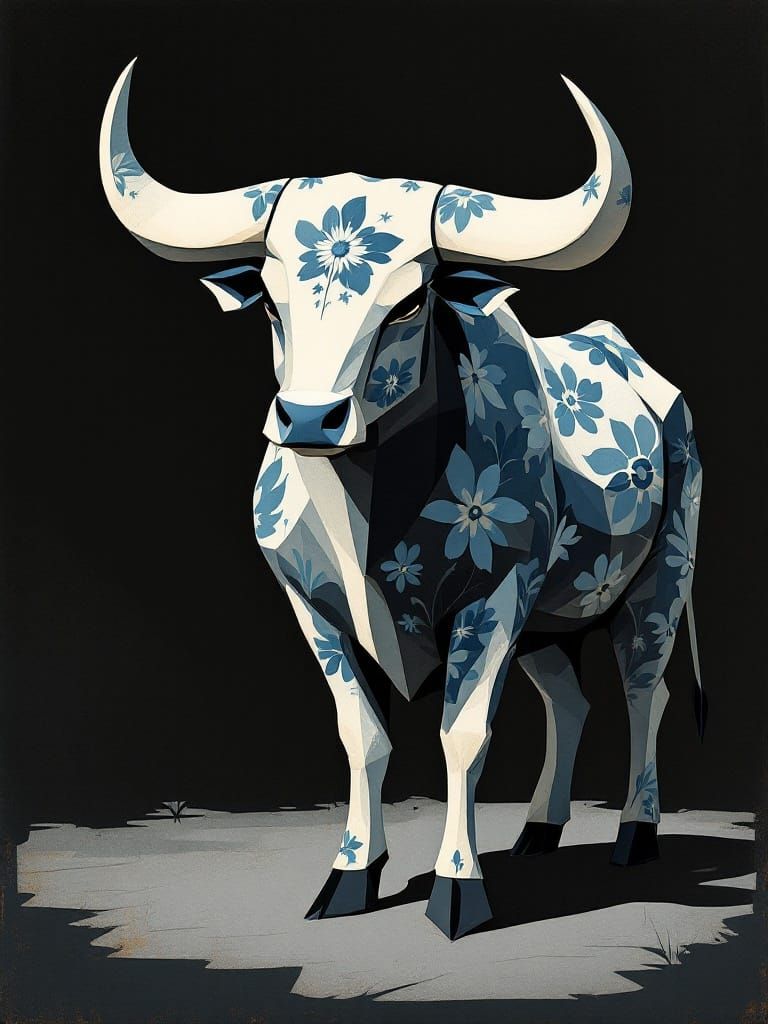 Stylized Bull with Floral Horns in Cubist Art Nouveau Style
