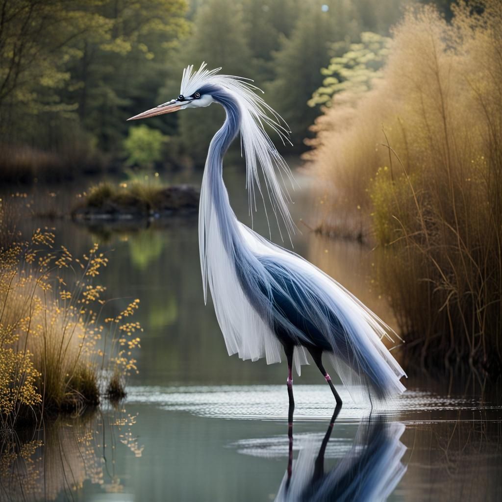 Ethereal Tulle Heron Wading in River