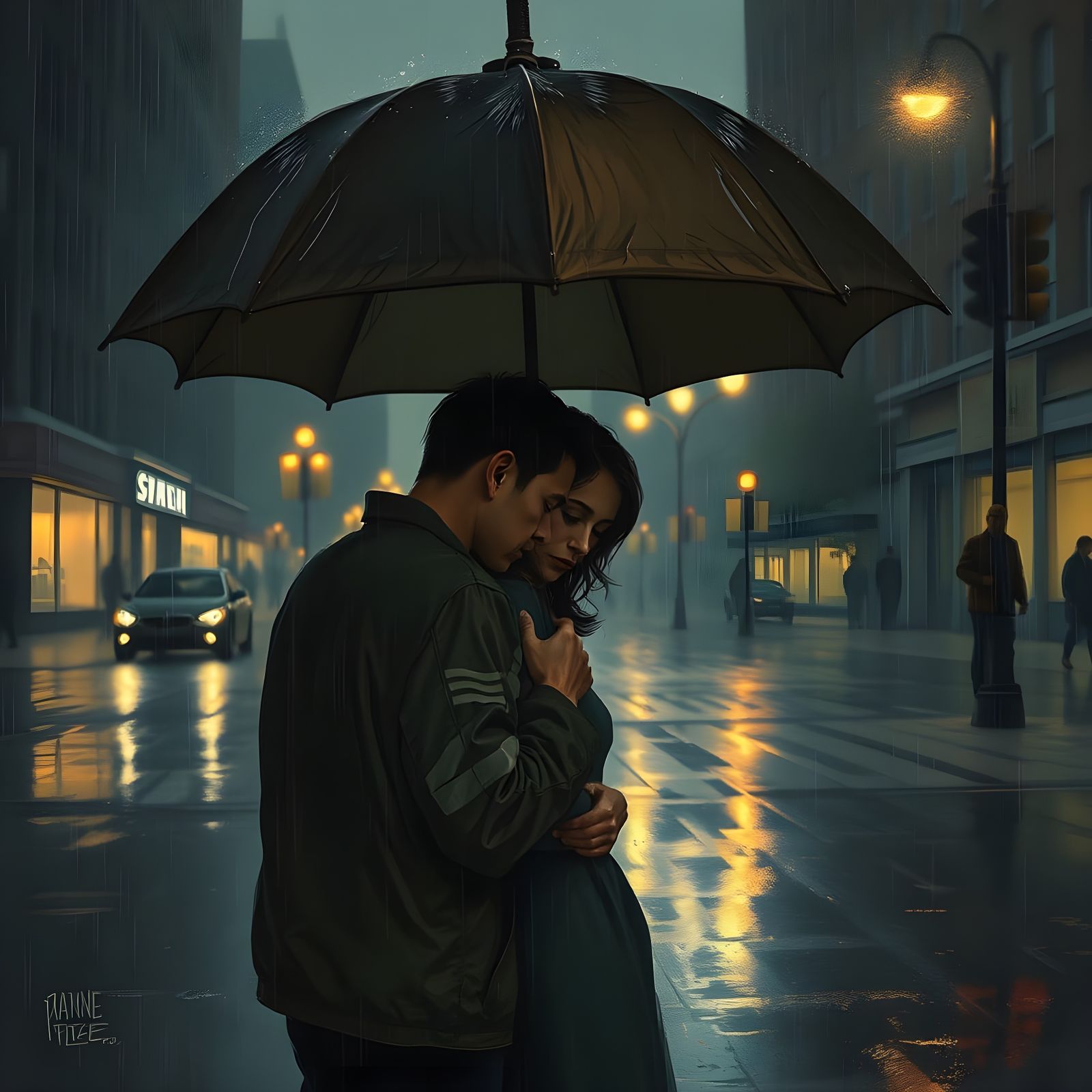 Couple Huddled Under Umbrella in Rainy City Dusk