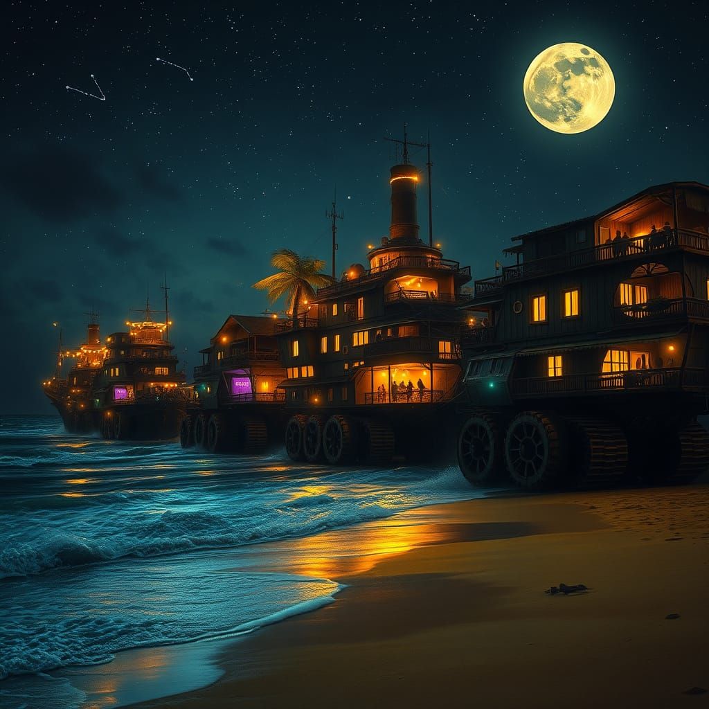 Steampunk Rolling Cities on a Bioluminescent Shore