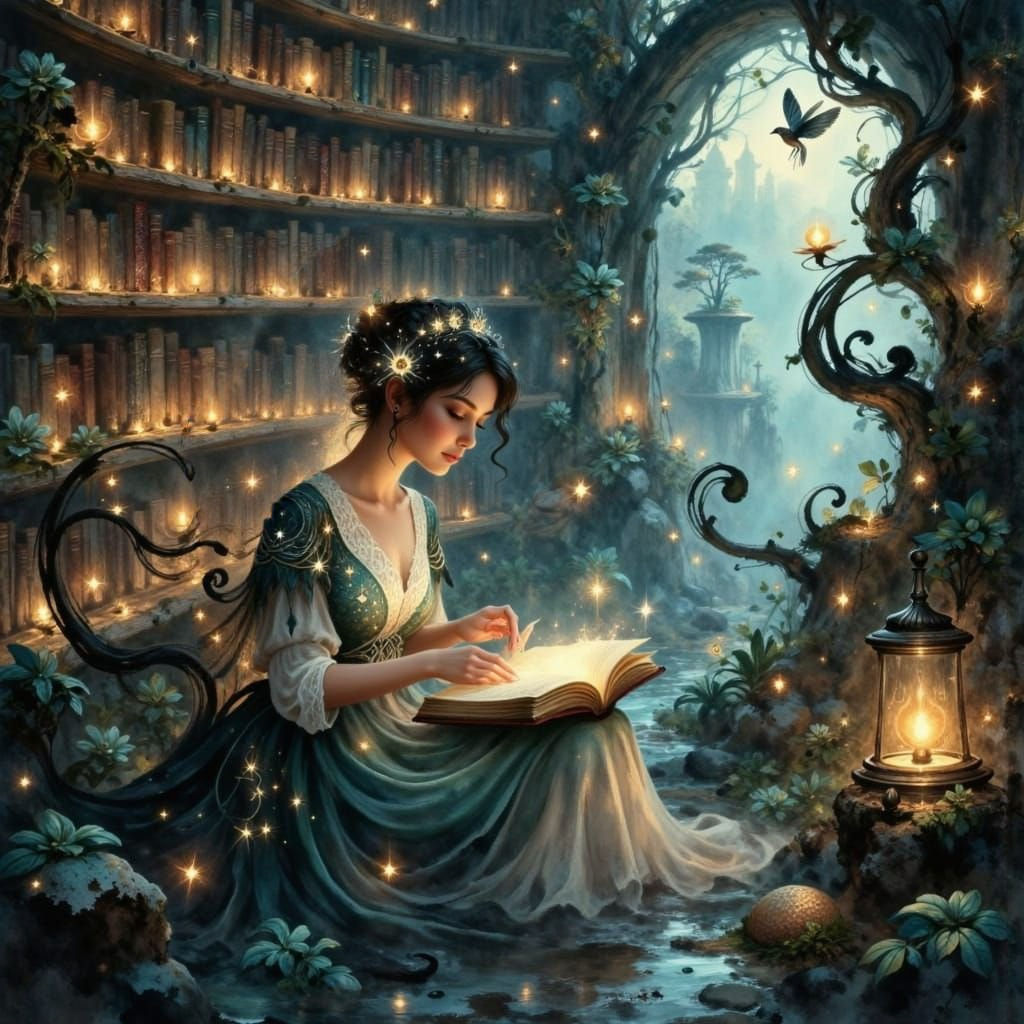 Enchanted Library Scene with Self-Writing Book
