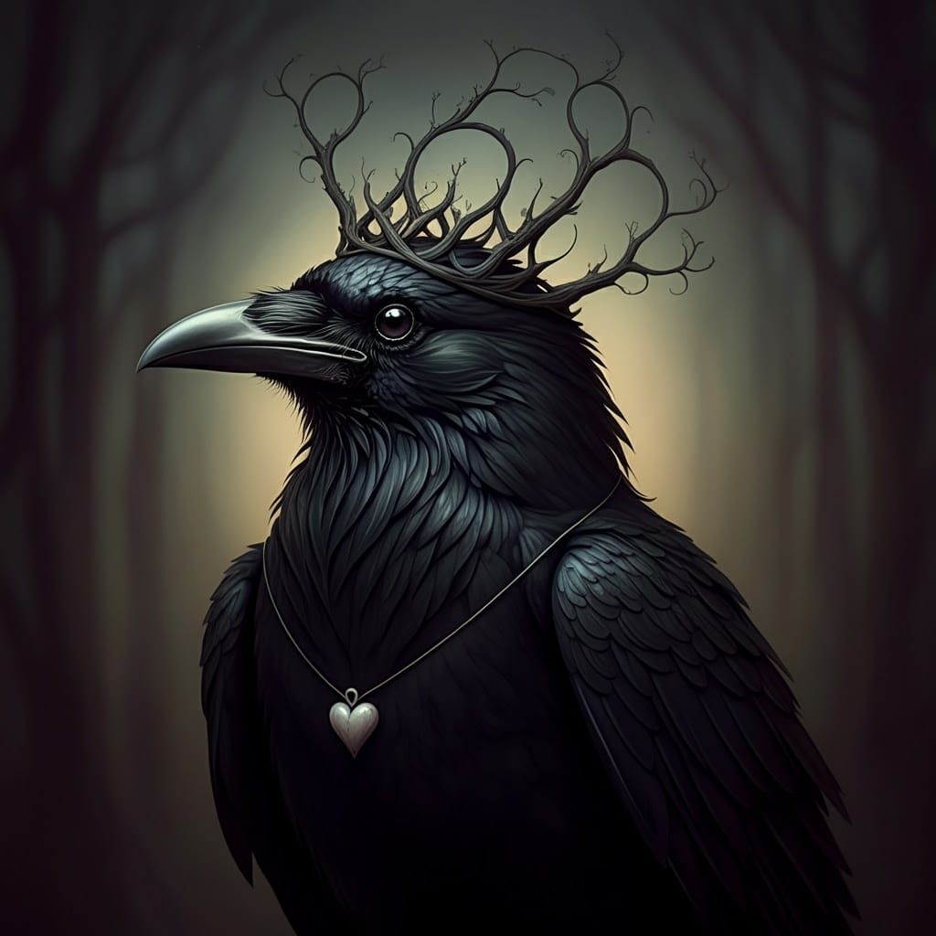Majestic Black Bird with Twisted Crown and Branches