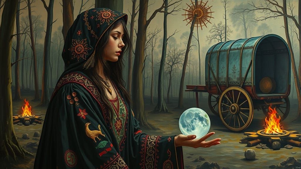 Gypsy Woman Gazing into Crystal Ball in Surreal Forest