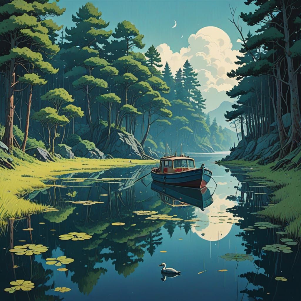 Dreamlike Lake Scene with Floating Loon and Prunes