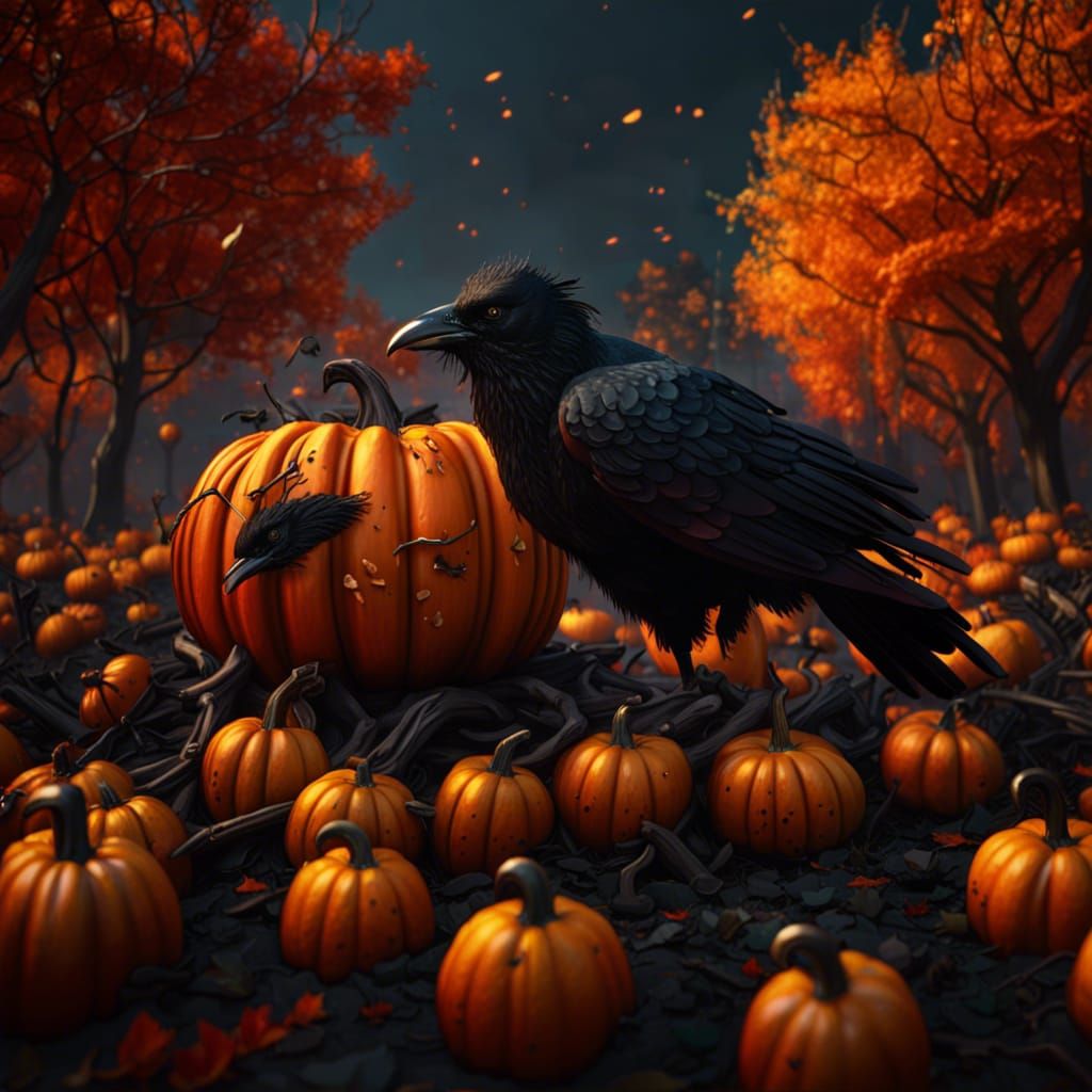 Crows in Pumpkin Patch Under Autumn Trees
