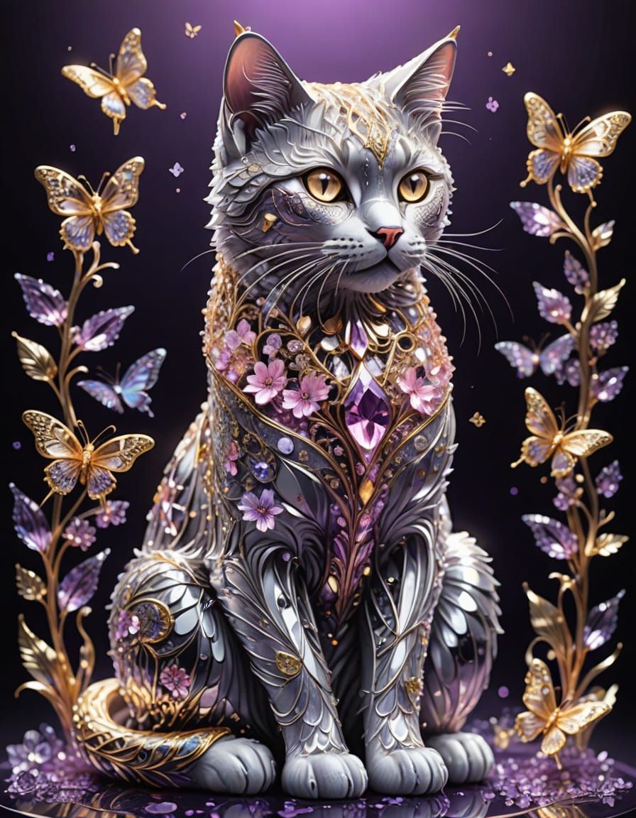Elegant, Sparkling Cat Amidst Crystal Flowers and Butterflie...