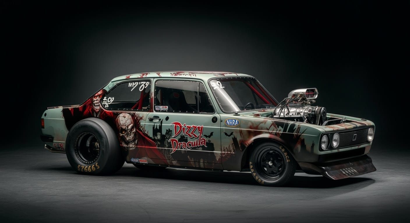 Sleek Dragster Showcases Vintage NHRA Flair in Cyberpunk Sty...