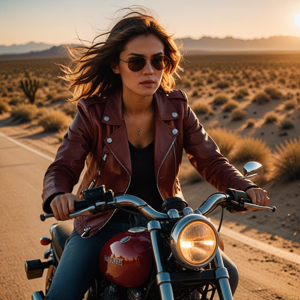 High-Speed Desert Goddess in Red Leather Jacket