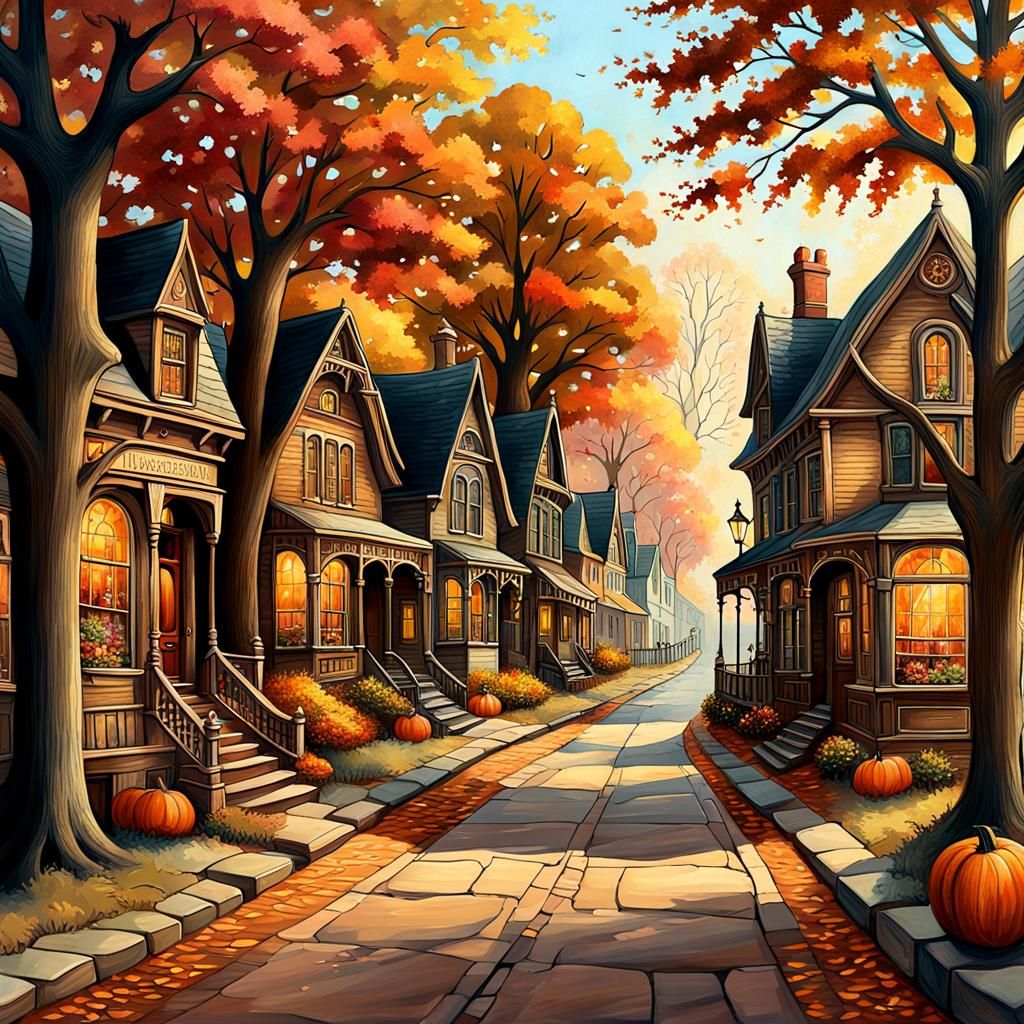 Victorian Village Bookshop Painting with Autumn Foliage