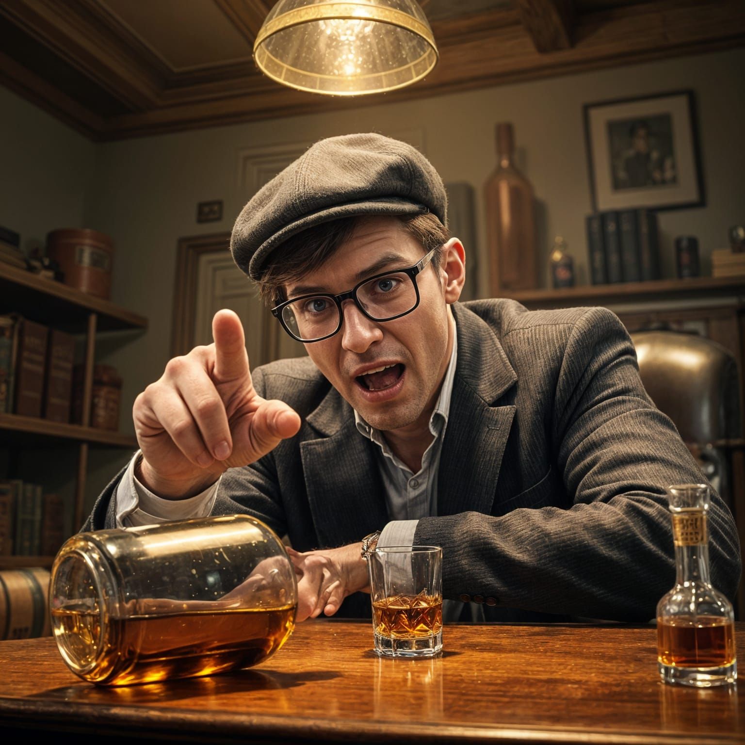Rugged Whiskey Boss in Dark Office, Shouting in Anger