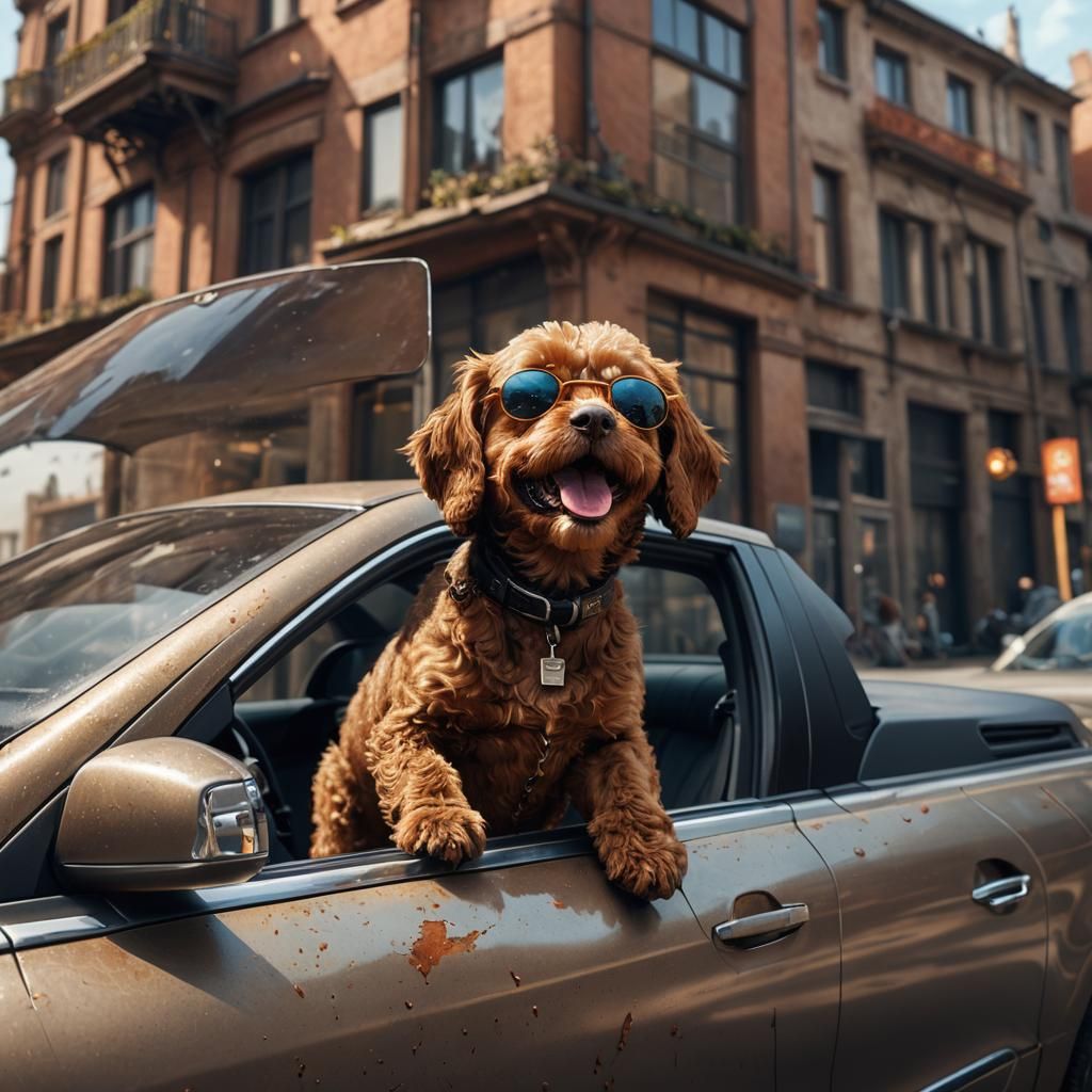 Cavoodle Dog in Car Window: Detailed Fantasy Art