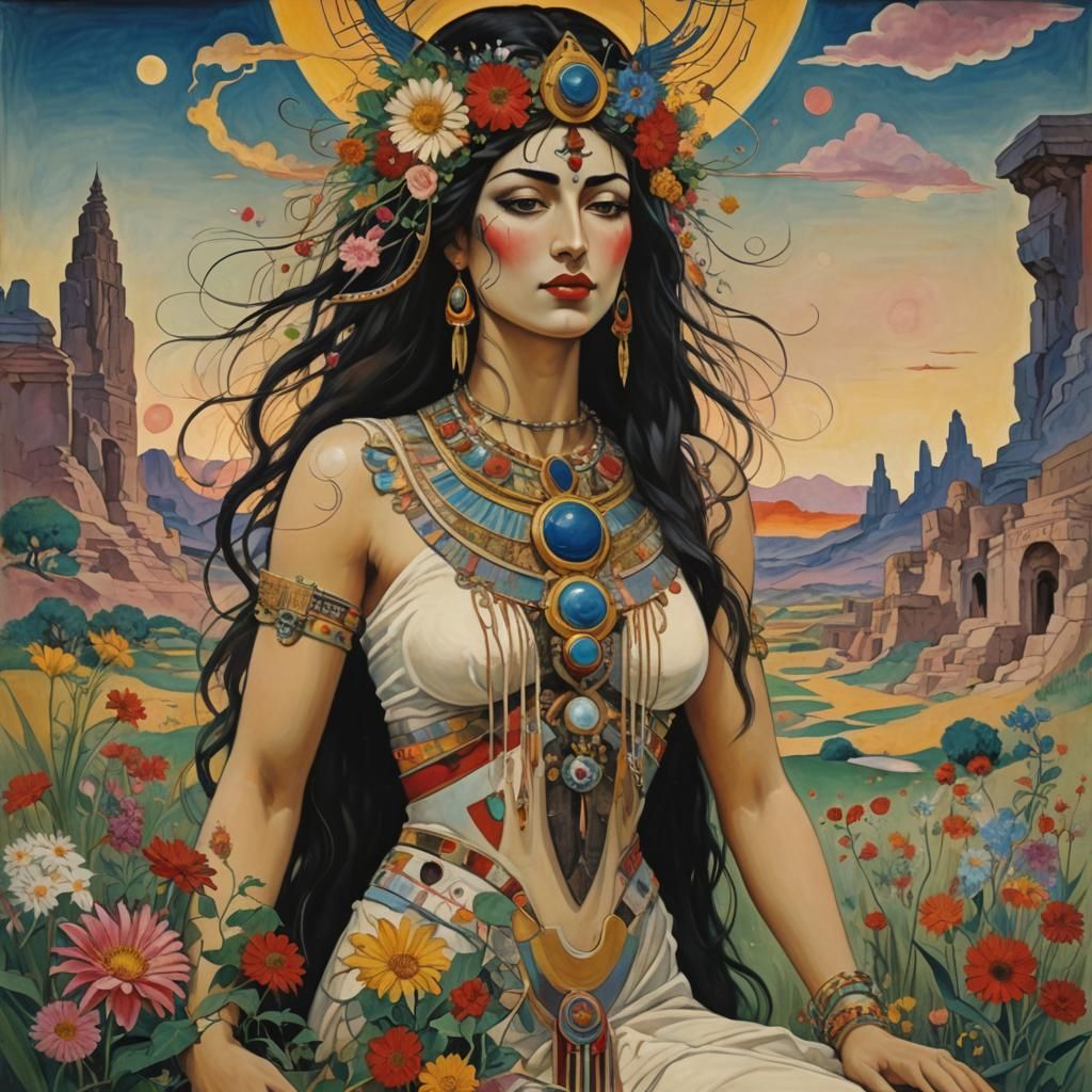 Ethereal Goddess Amidst Ancient Mesopotamian Bloom