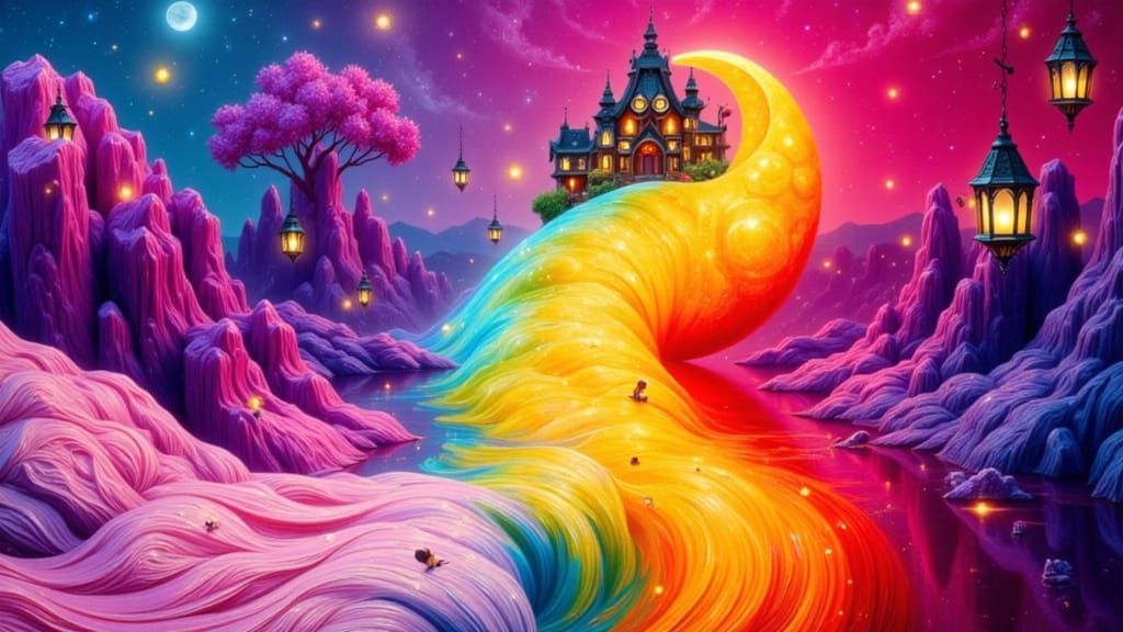 Miniature Village in Crescent Moon, Impasto Oil Painting