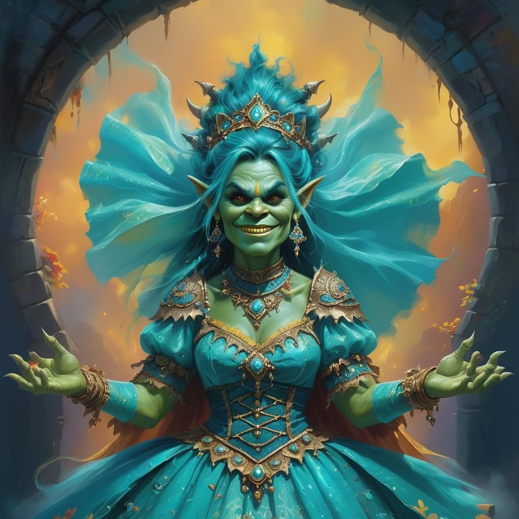Happy Orc in Ethereal Turquoise Gown