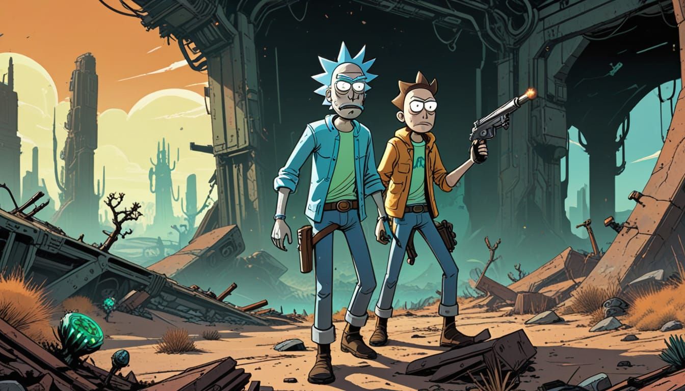 Rick and Morty Vault Hunters in Gritty Pandora Landscape
