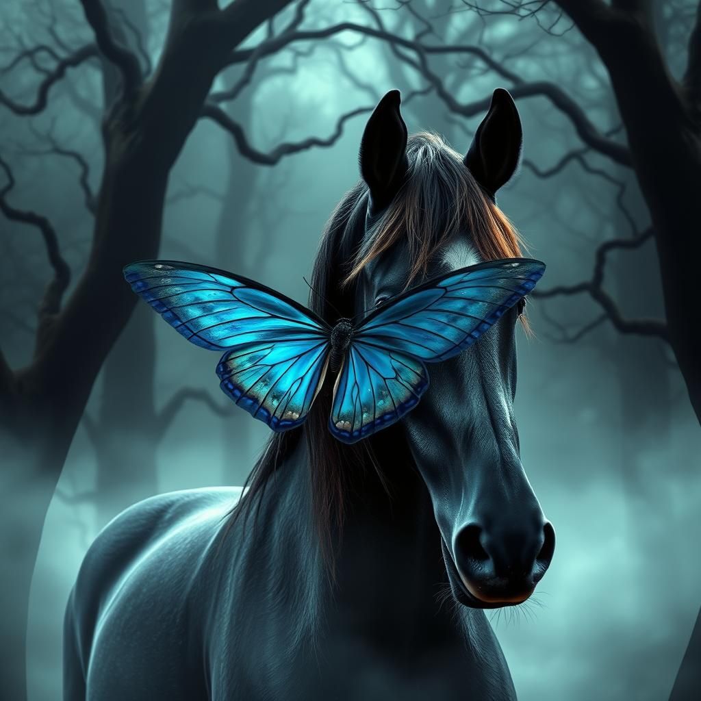 Horse with Moth Wings in Eerie Surrealist Forest