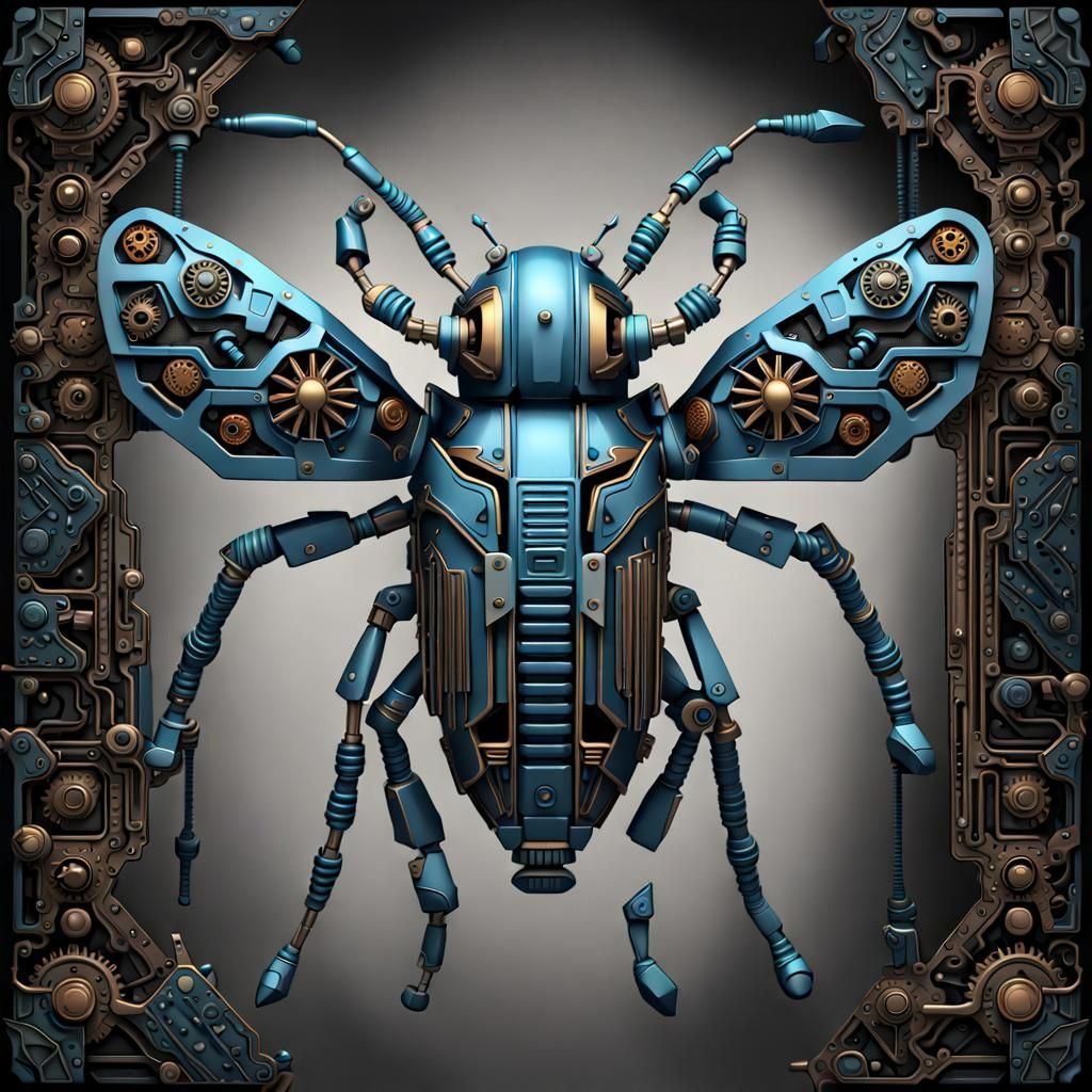 Blue Mechanical Bug with Steampunk Aztec Mask