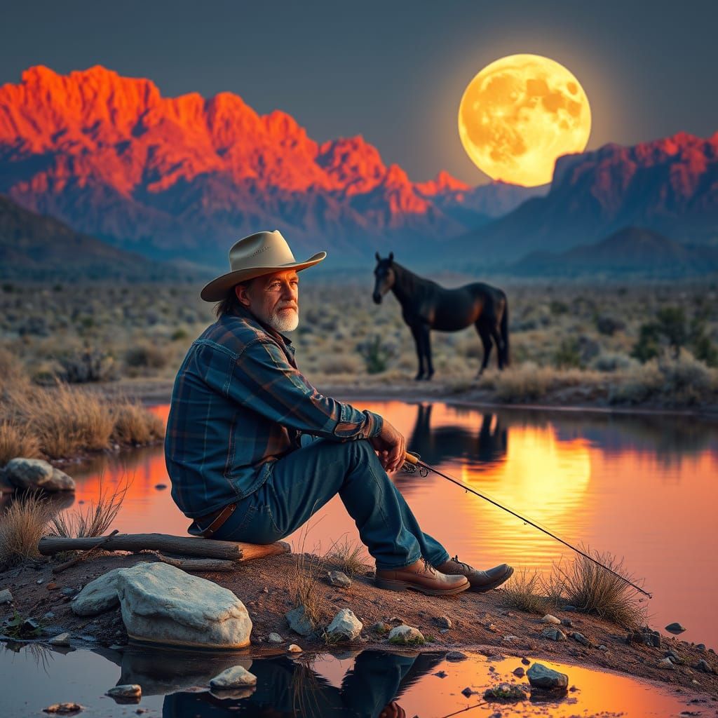 Weathered Cowboy by Desert Pond Under Full Moon