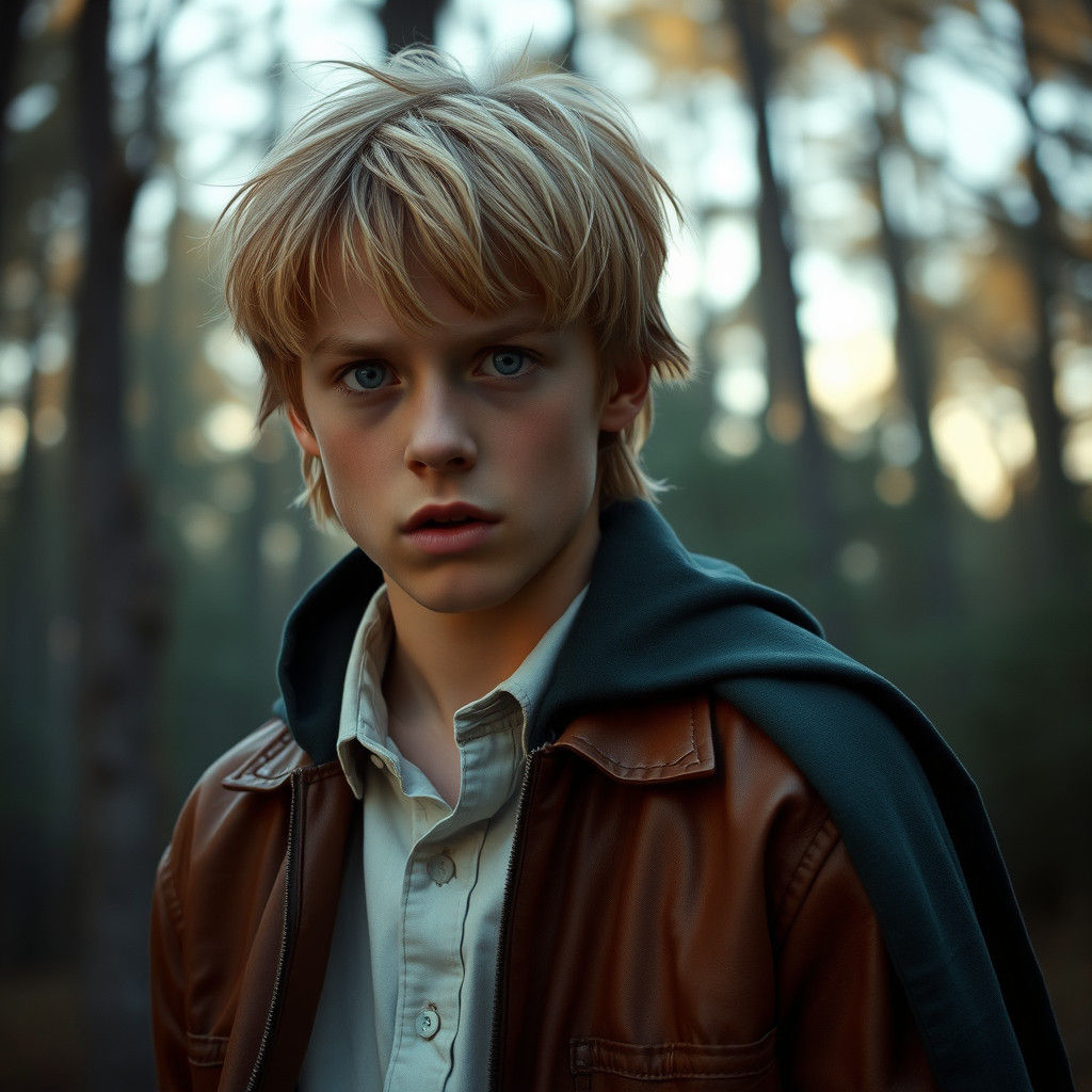 Frightened Teenager in Woods, Cinematic Film Still